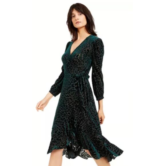 Calvin Klein 8 Burnout Velvet Animal Print Long Sleeve Wrap Dress Teal Green - Picture 5 of 11
